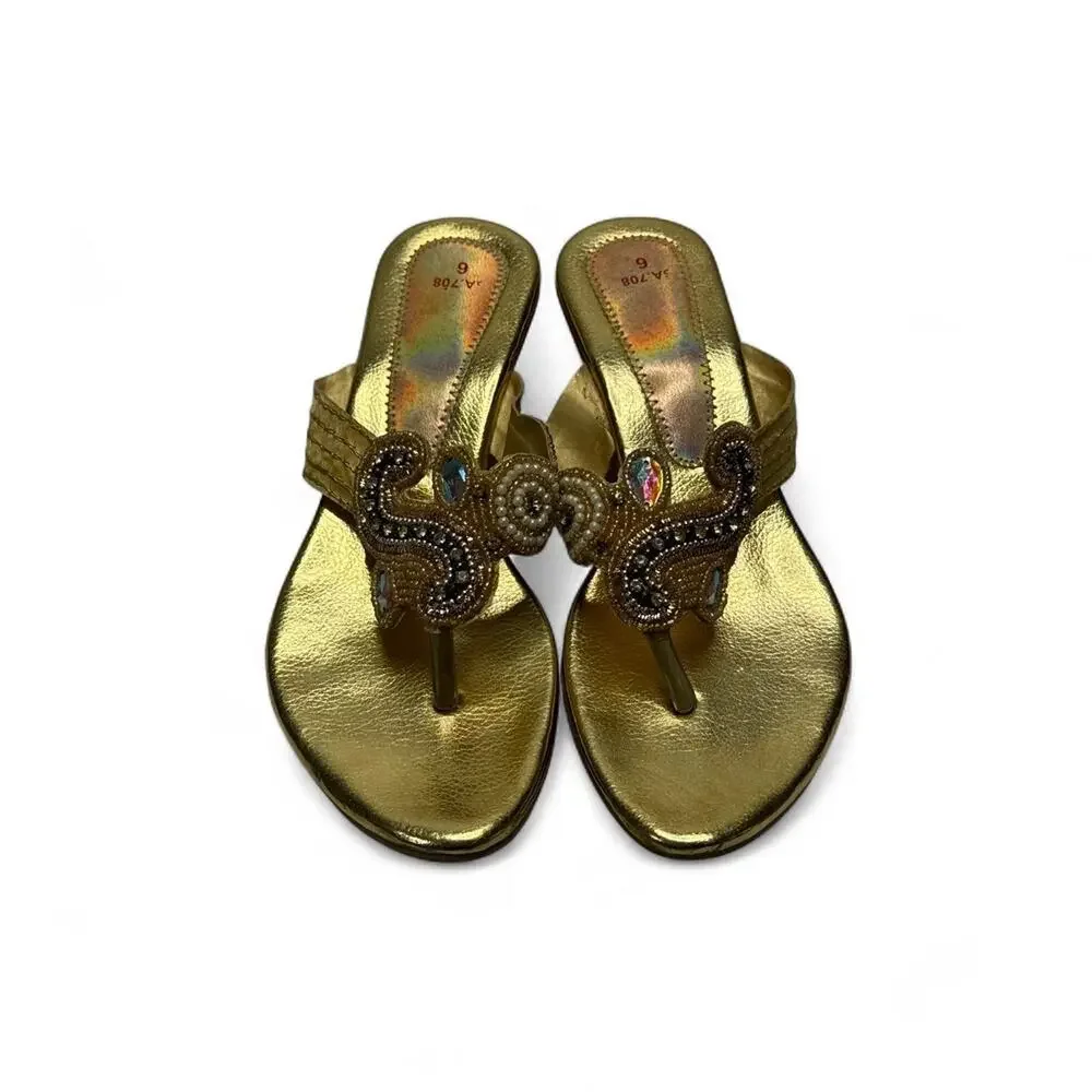 Y2K Gold Beaded Heel Sandals with Black Beaded Swirl Design size 6 kitten heel